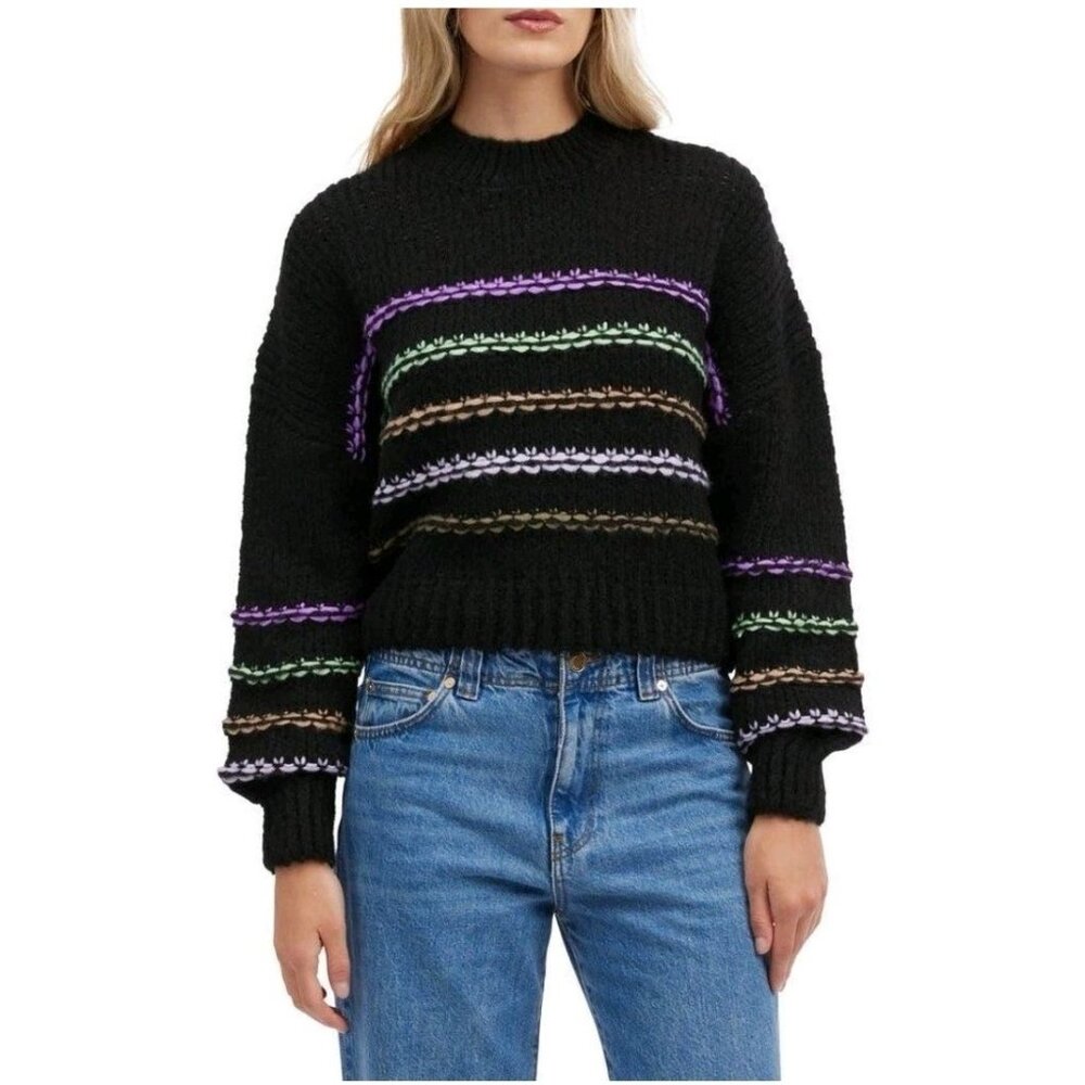 NVLT Rainbow Stripe Sweater Large Balloon Sleeve Cropped Boxy Wool Blend Anthro - Picture 1 of 8